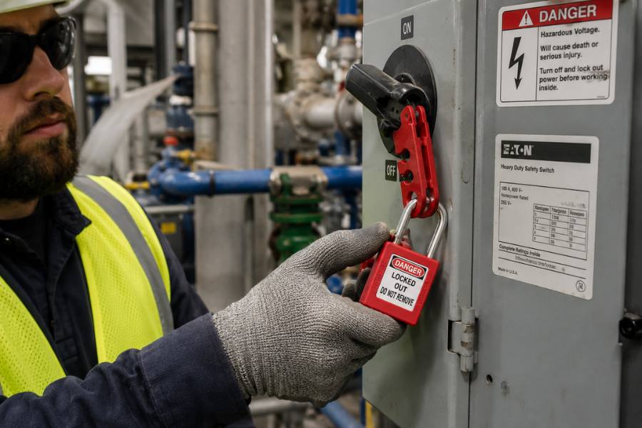 Trabajador colocando candado de seguridad industrial en seccionador durante procedimiento LOTO