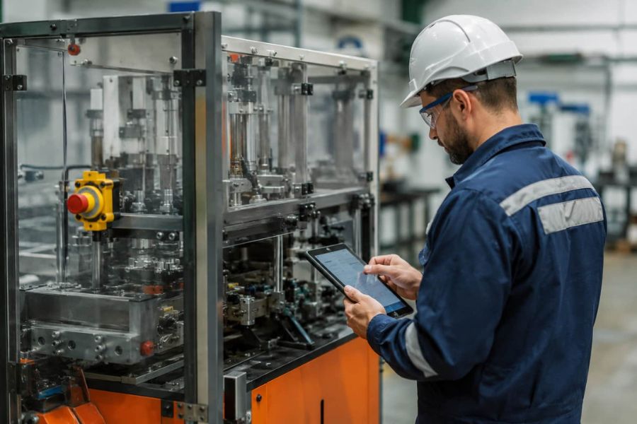 Trabajador inspeccionando maquinaria industrial
